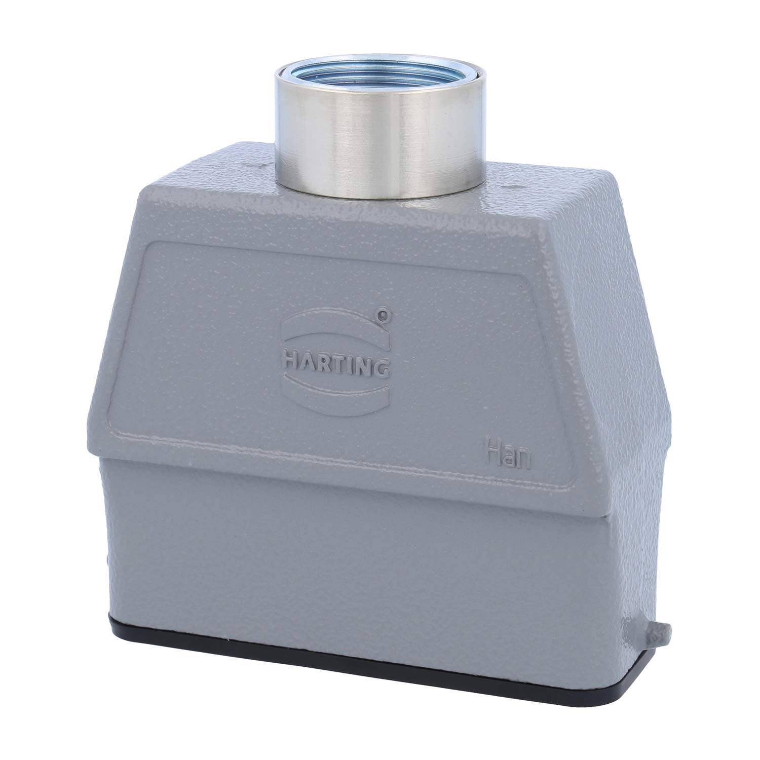 Ein grauer industrieller Steckverbindergehäuse von Harting, mit einer verschraubten Metalloberseite und geprägter Markierung, entwickelt für elektrische Verbindungen.