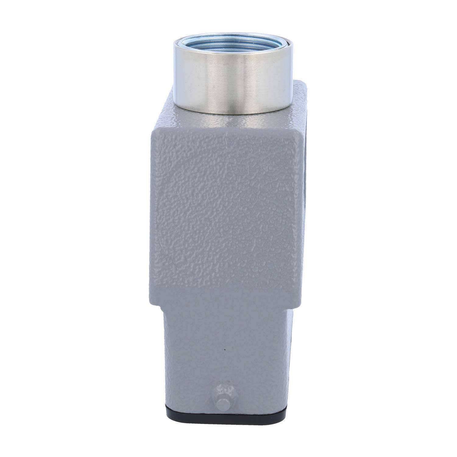 Eine graue metallische Gehäuseeinheit mit einer zylindrischen Öffnung an der Oberseite, konzipiert für industrielle Zwecke. Die Textur ist glatt mit sichtbaren Nähten.