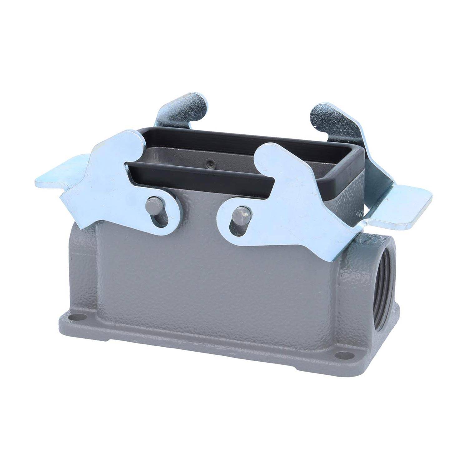 Ein rechteckiges Metallgehäuse für elektrische Geräte mit zwei Verschlusshebeln auf der Oberseite. Es wird zum Anschließen und Sichern von Kabelschnittstellen verwendet.