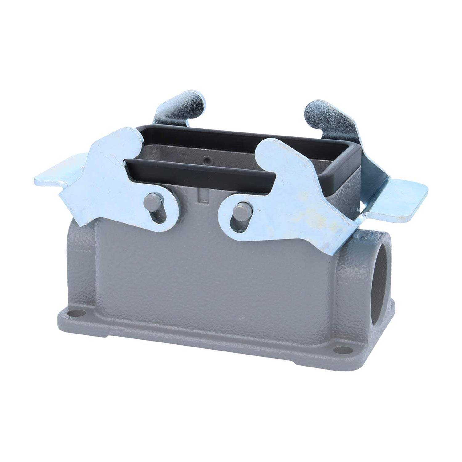 Eine rechteckige Industriekomponente aus Metall mit Flanschen und Verriegelungen an den Seiten, die auf einer grauen Basis steht, möglicherweise für den Einsatz in Maschinen.