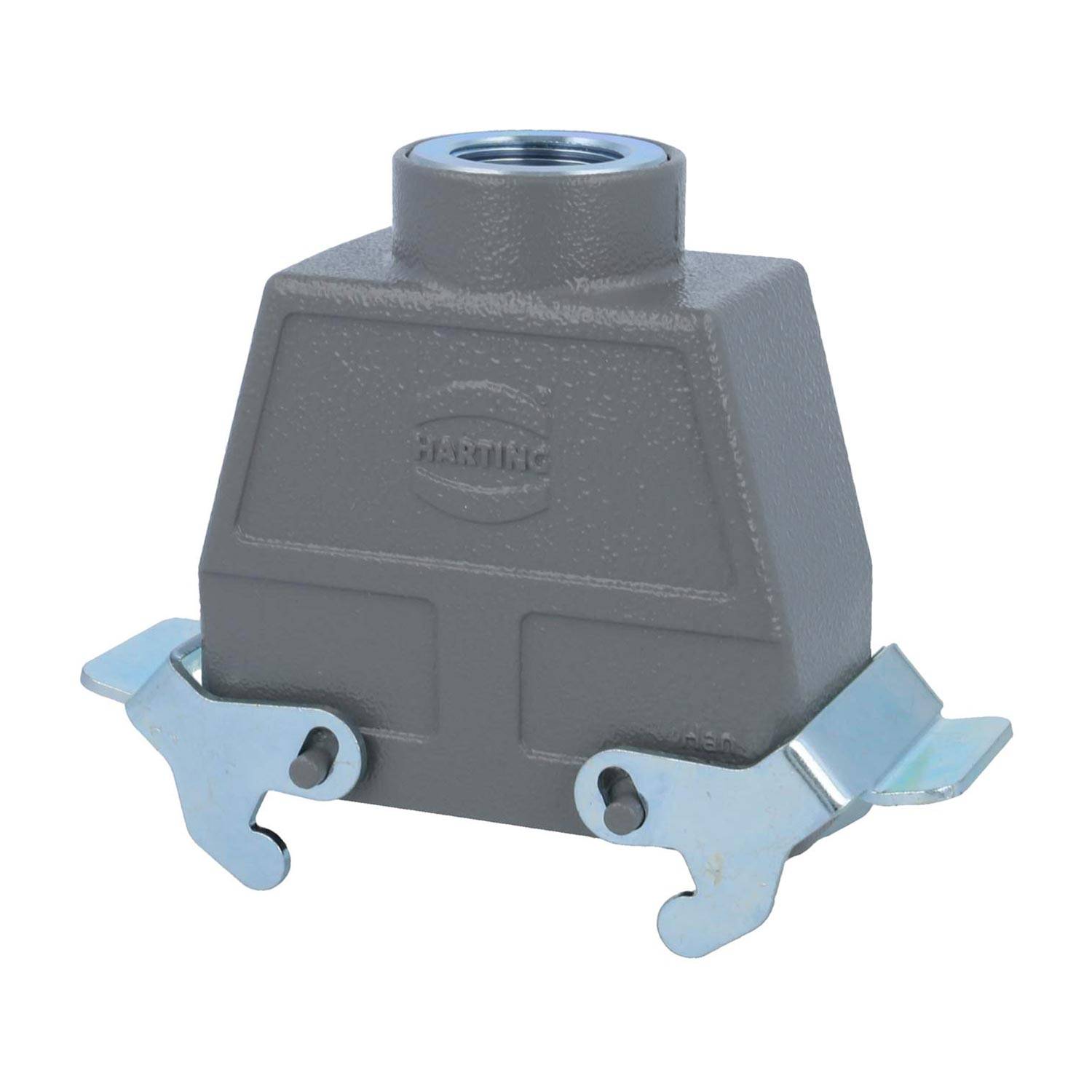 Rechteckiges Metallverbindergehäuse mit Markenlogo, oberer Eingangsöffnung und seitlichen Verriegelungen für sichere Kabelverbindungen.