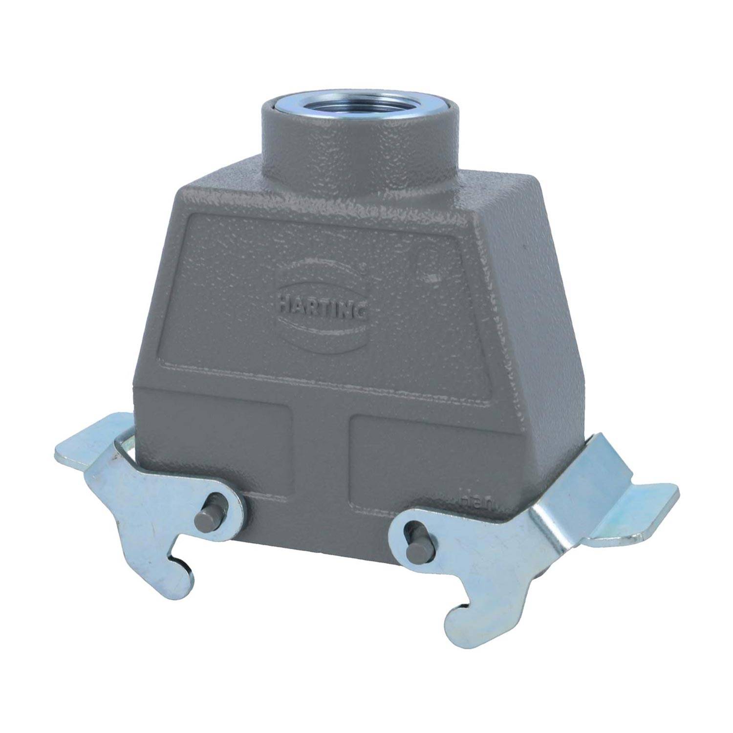 Ein metallisches rechteckiges Anschlussgehäuse mit einem zentralen Gewindeloch und Verriegelungsmechanismen an beiden Seiten für eine sichere Befestigung.