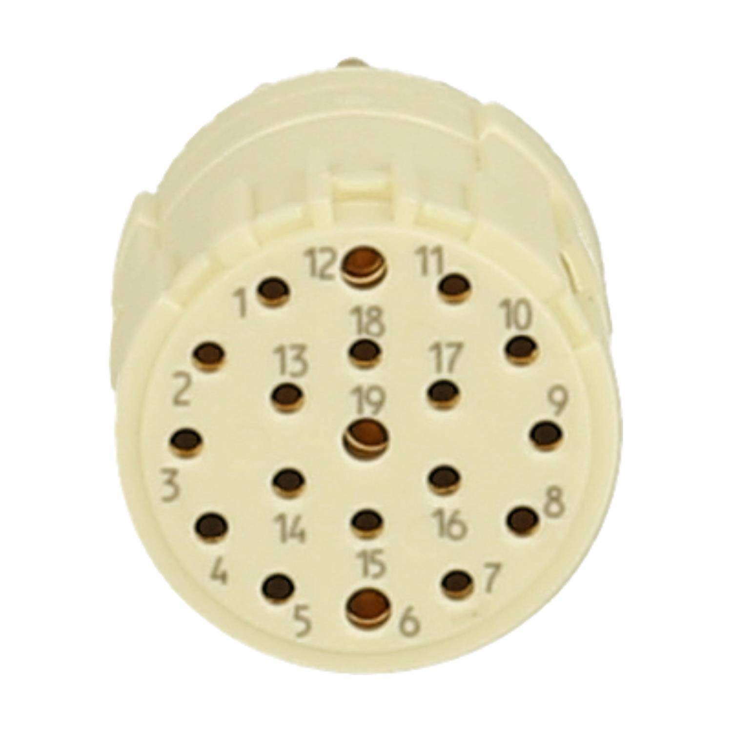 Kreisrunder beige elektronischer Stecker mit kleinen nummerierten Löchern, angeordnet für mehrere Stifte. Wird verwendet, um komplexe Verdrahtungssetups zu erleichtern.