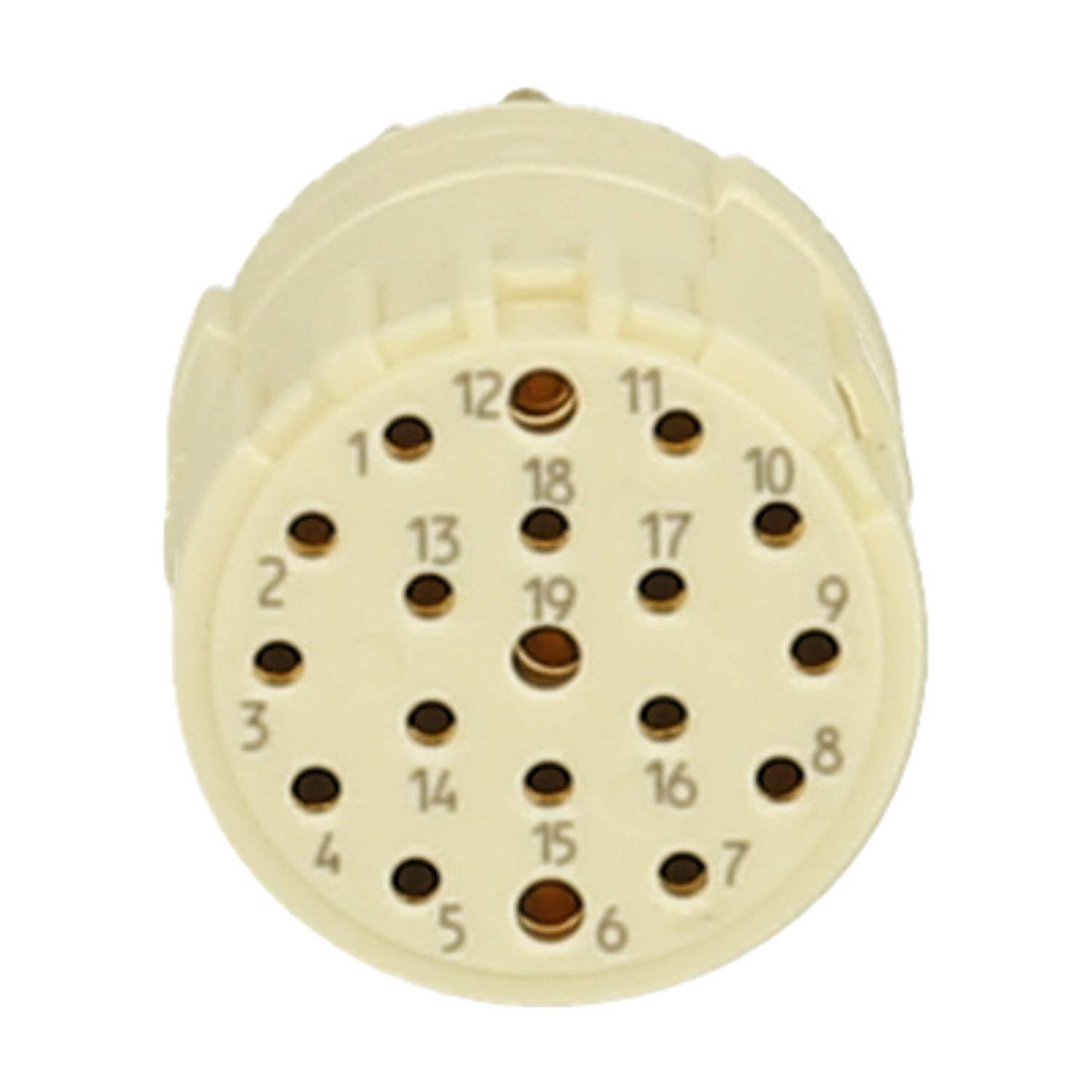 Ein kreisförmiger, beiger Anschluss mit 19 symmetrisch angeordneten nummerierten Löchern, der für elektronische oder elektrische Verdrahtungsanwendungen entwickelt wurde.