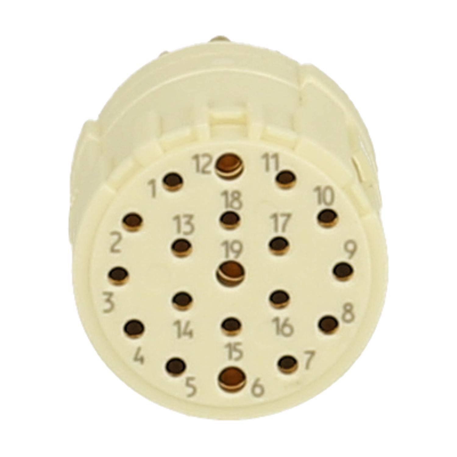 Ein beiger elektrischer Steckverbinder mit 19 nummerierten Löchern, die in einem kreisförmigen Muster angeordnet sind und Ausrichtungshilfen zur korrekten Installation aufweist.