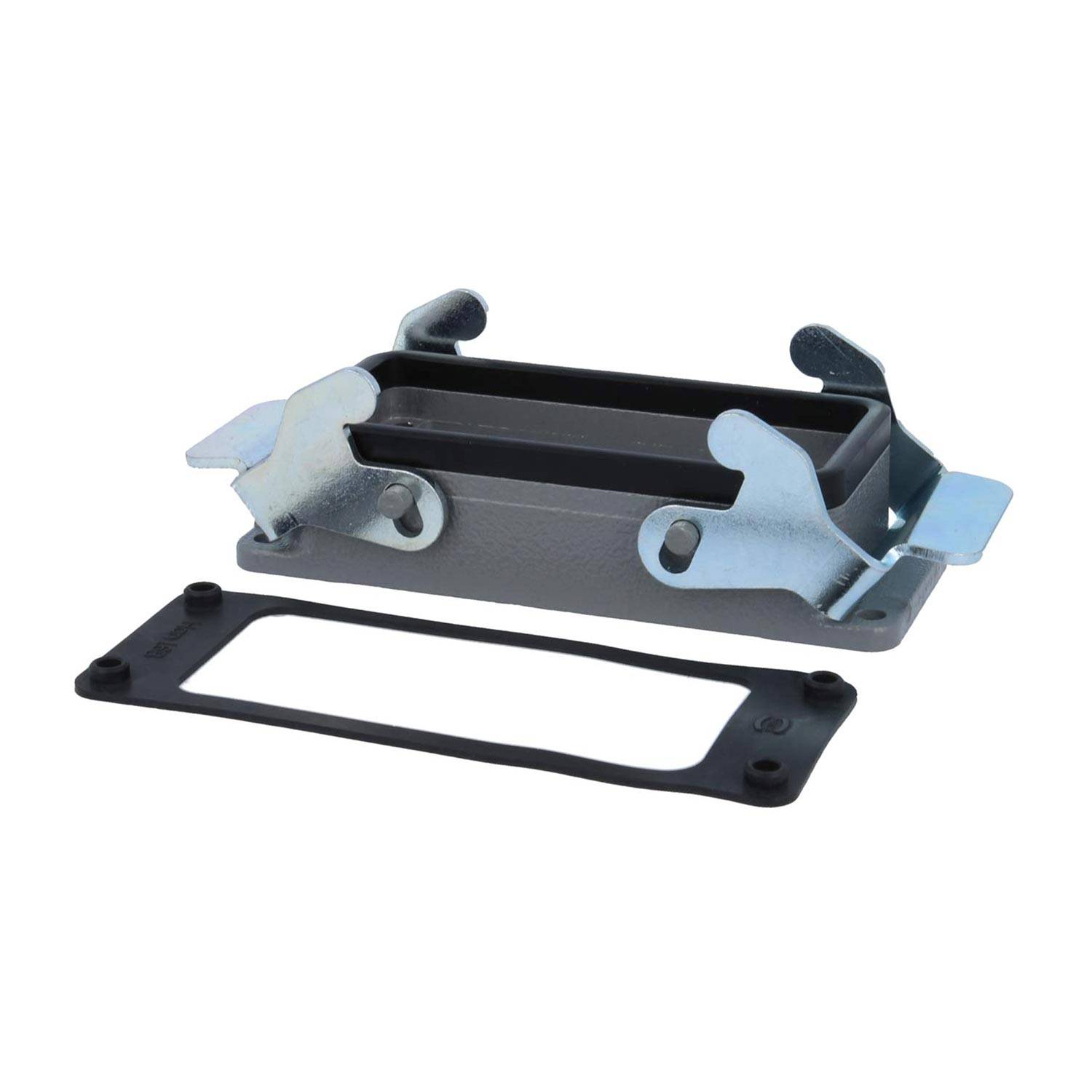 Rechteckige Metallhalterung mit angebrachten Federklemmen und separater rechteckiger Dichtung. Verwendet für Montagezwecke.