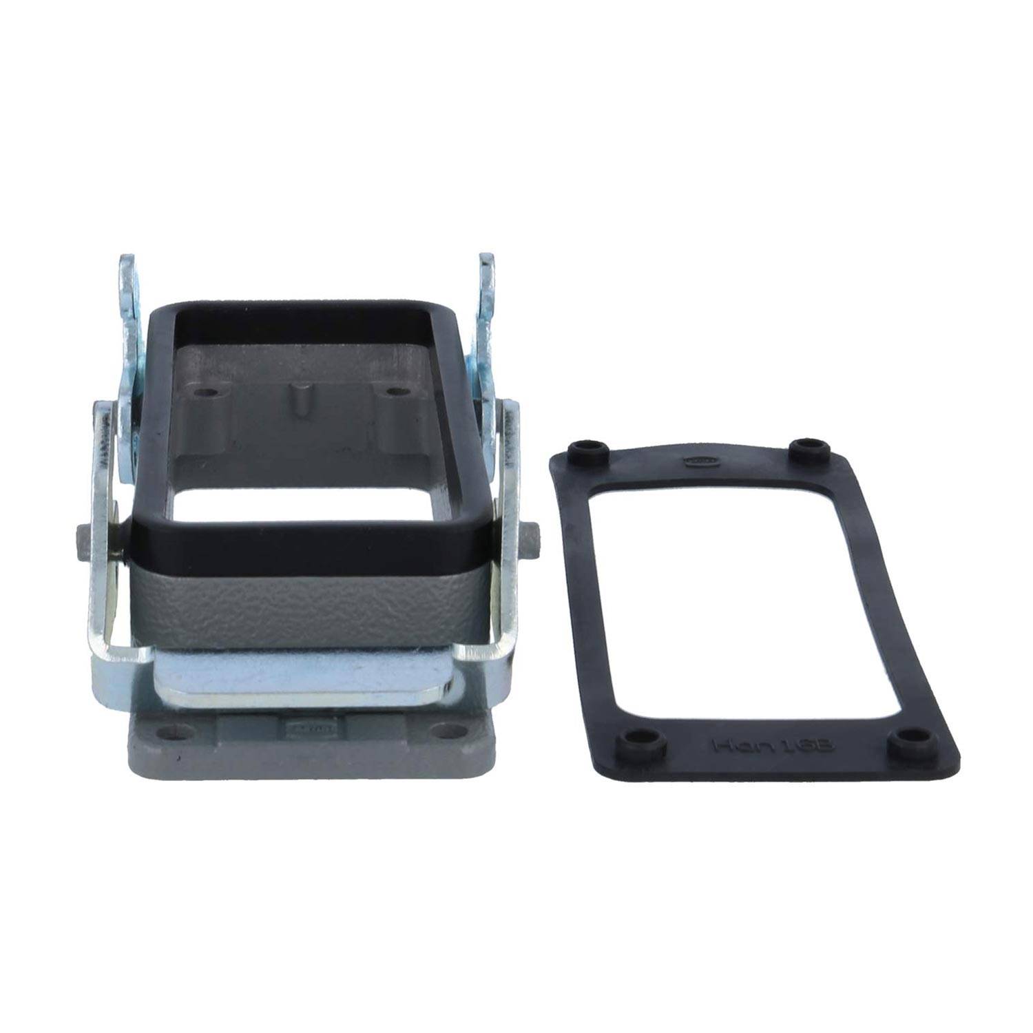 Metallisches rechteckiges Gehäuse mit schwarzer Gummidichtung und Befestigungshalterung, entwickelt für sichere elektrische Verbindungen und Schutz.