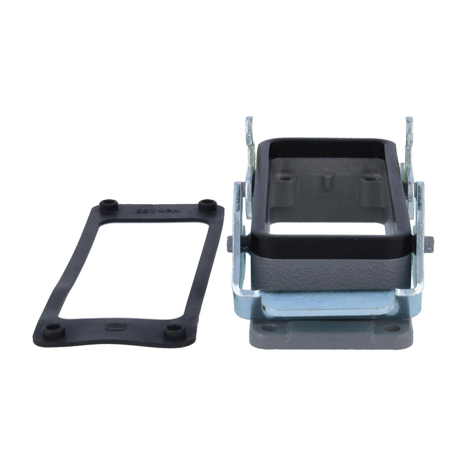 Eine rechteckige Metallhalterung mit einer schwarzen Gummidichtung daneben, verwendet zum Befestigen oder Abstützen von Komponenten.