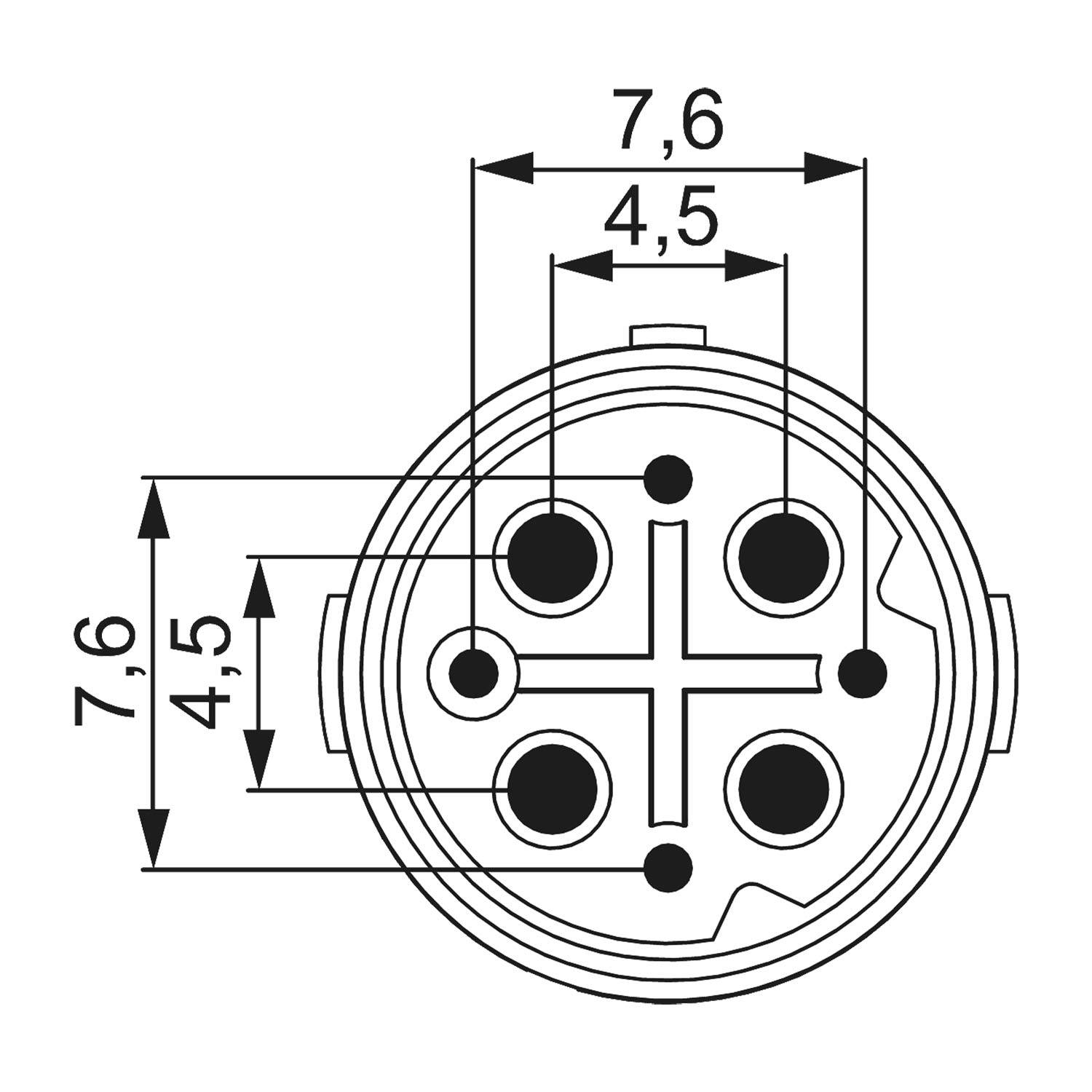 Diagramm eines kreisförmigen Steckverbinders mit fünf Pins, das Messungen von 7,6 und 4,5 Einheiten zwischen den Pins und dem äußeren Rand zeigt.