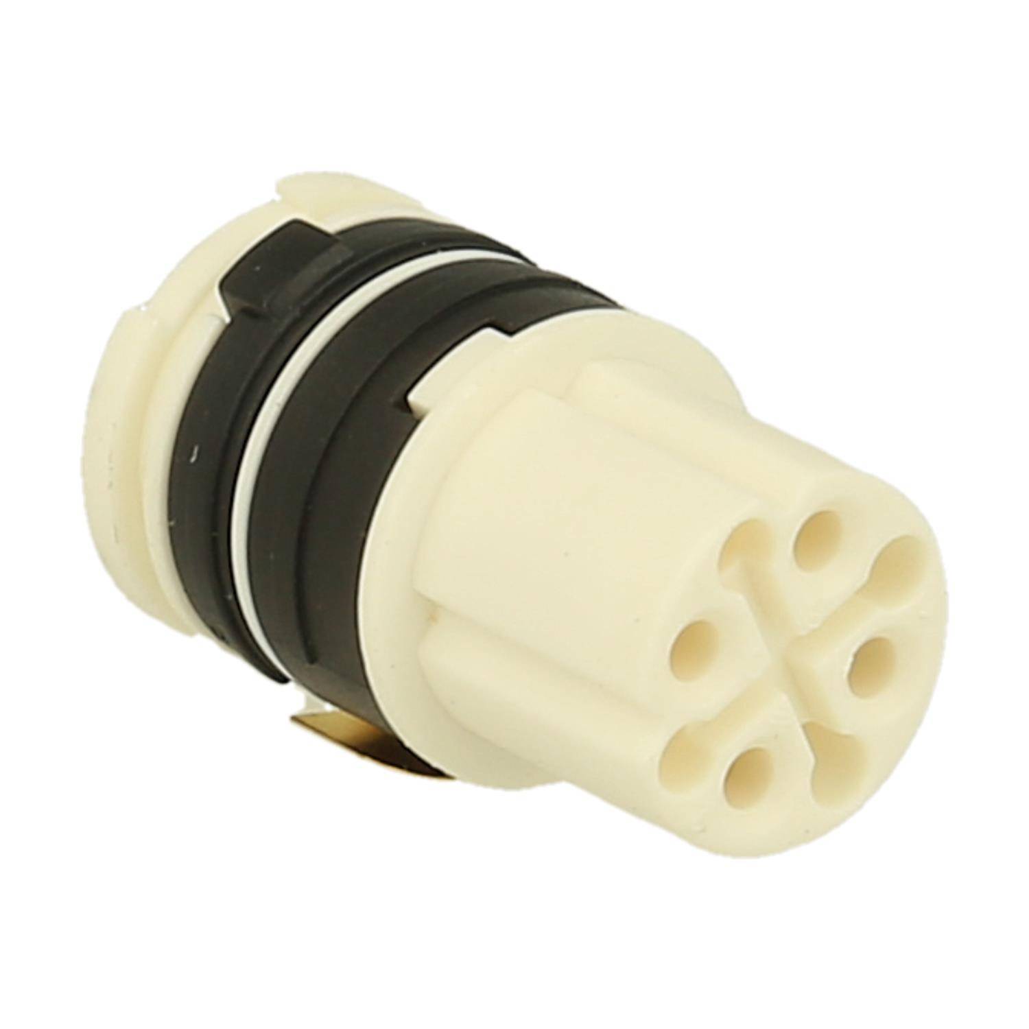 Ein sechspoliger, runder elektrischer Steckverbinder mit schwarzen und weißen Gehäusen, konzipiert für sichere Kabelverbindungen in elektronischen Systemen.