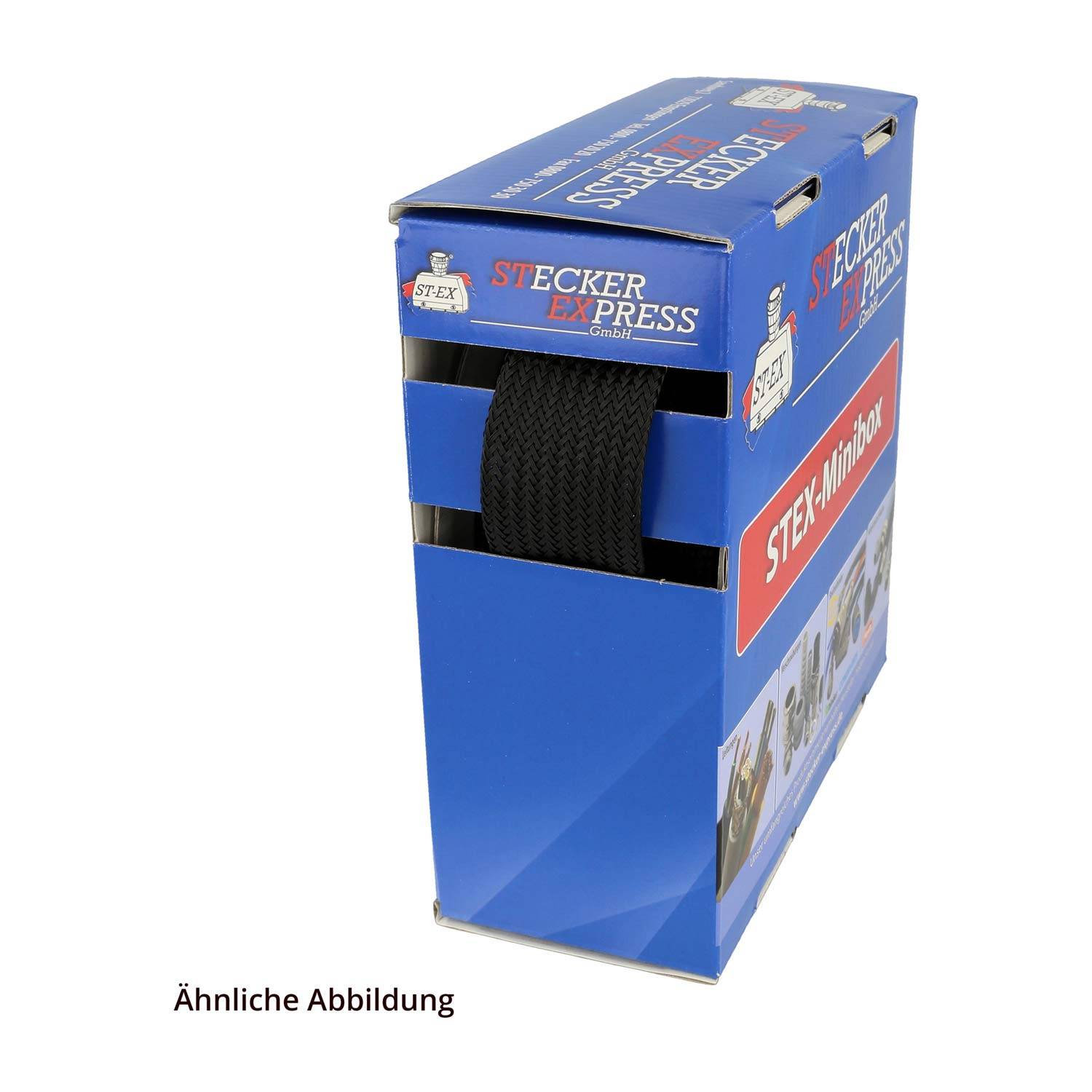 STEX-MiniBox' blaue Ausgangsbox mit herausragendem schwarzem Gurt, hergestellt von 'Stecker Express GmbH'.
