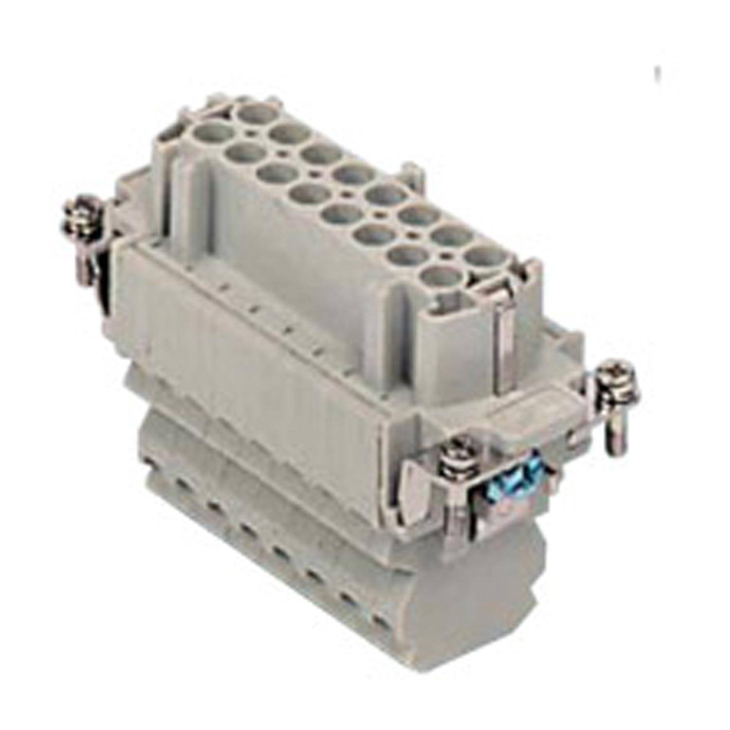 Grauer Industrieanschluss mit mehreren Pinholes, Metallverriegelung und sicheren Schrauben, entwickelt für elektrische Anwendungen.