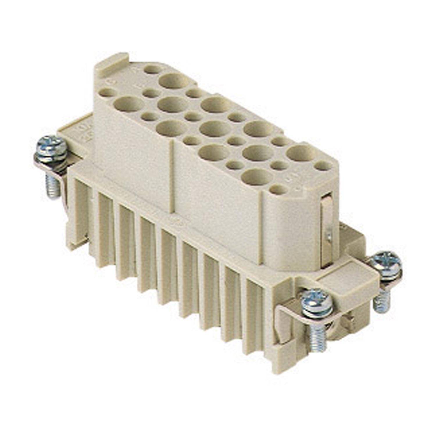 Ein beige farbener elektrischer Verbinder mit mehreren kreisförmigen Buchsen, gesichert mit Metallschrauben an jeder Seite.