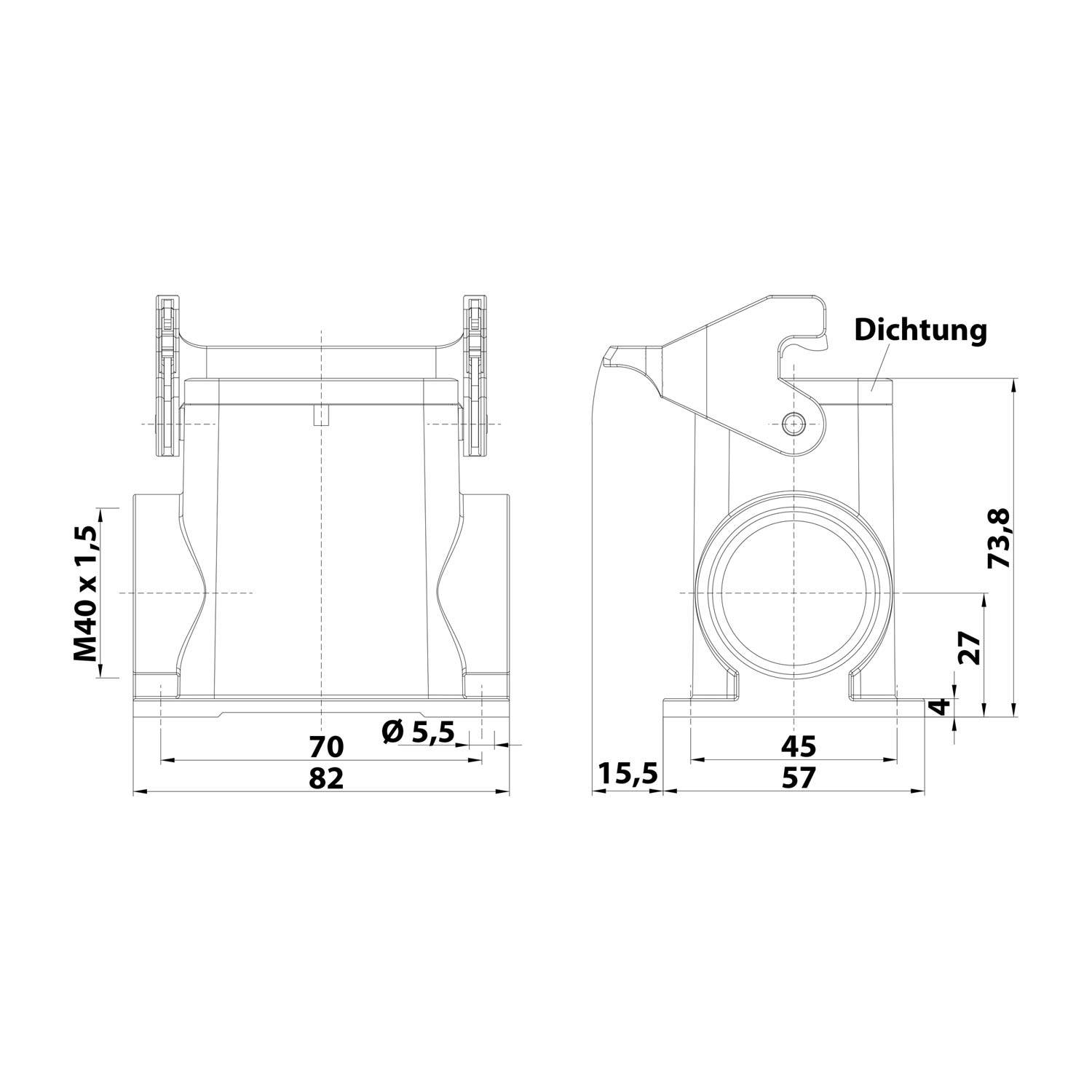 05300060271 HARTING Han 6B Sockelgehäuse hoch, 1xM40 seitlicher Kabelabgang, mit 1 Längsbügel Verschraubung M40