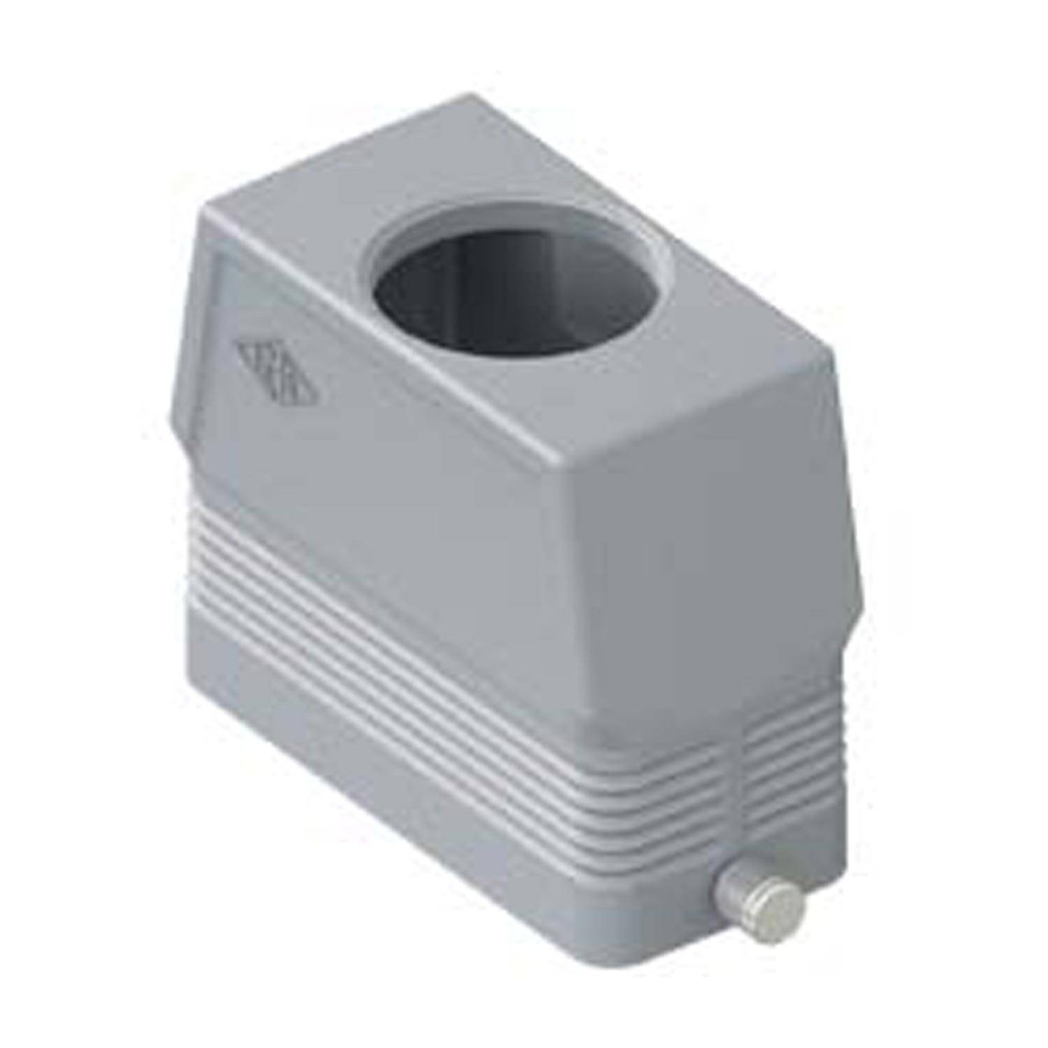 Grauer rechteckiger Industriekomponente mit einer kreisförmigen Öffnung oben und einem kleinen vorstehenden Knopf an der Seite.