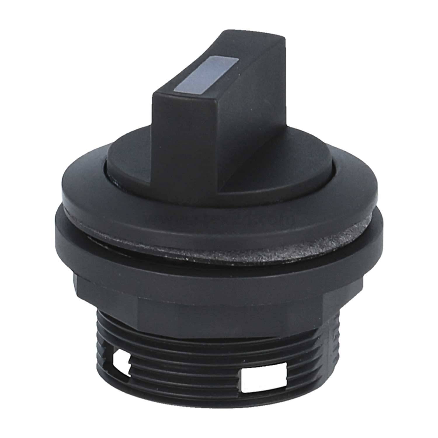 Ein schwarzer runder Schalterknopf mit strukturierter Haltefläche und einem rechteckigen Indikator auf der Oberseite, konzipiert für elektronische oder mechanische Geräte.