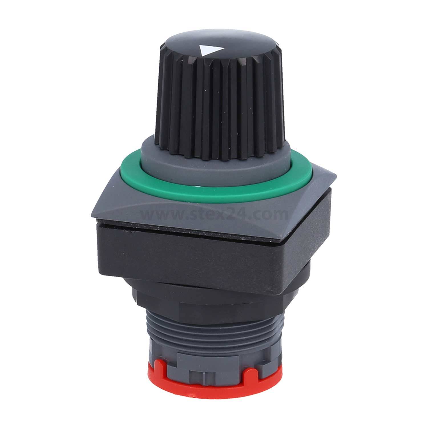 Ein schwarzer Drehschalter mit einem grünen Ring und roter Basis, der zur Steuerung elektrischer Geräte verwendet wird. Der Schalter verfügt über einen dreieckigen Indikator.