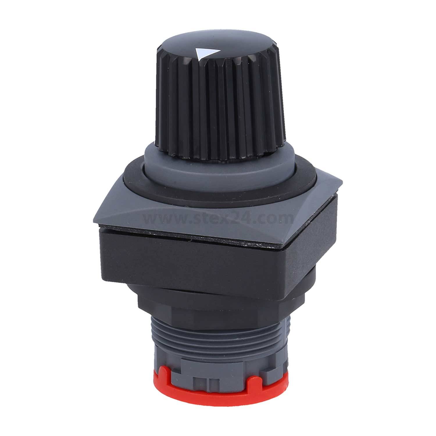 Ein schwarzer und grauer Drehschalter mit roter Basis, konzipiert für die Steuerung von industrieller oder elektronischer Ausrüstung.