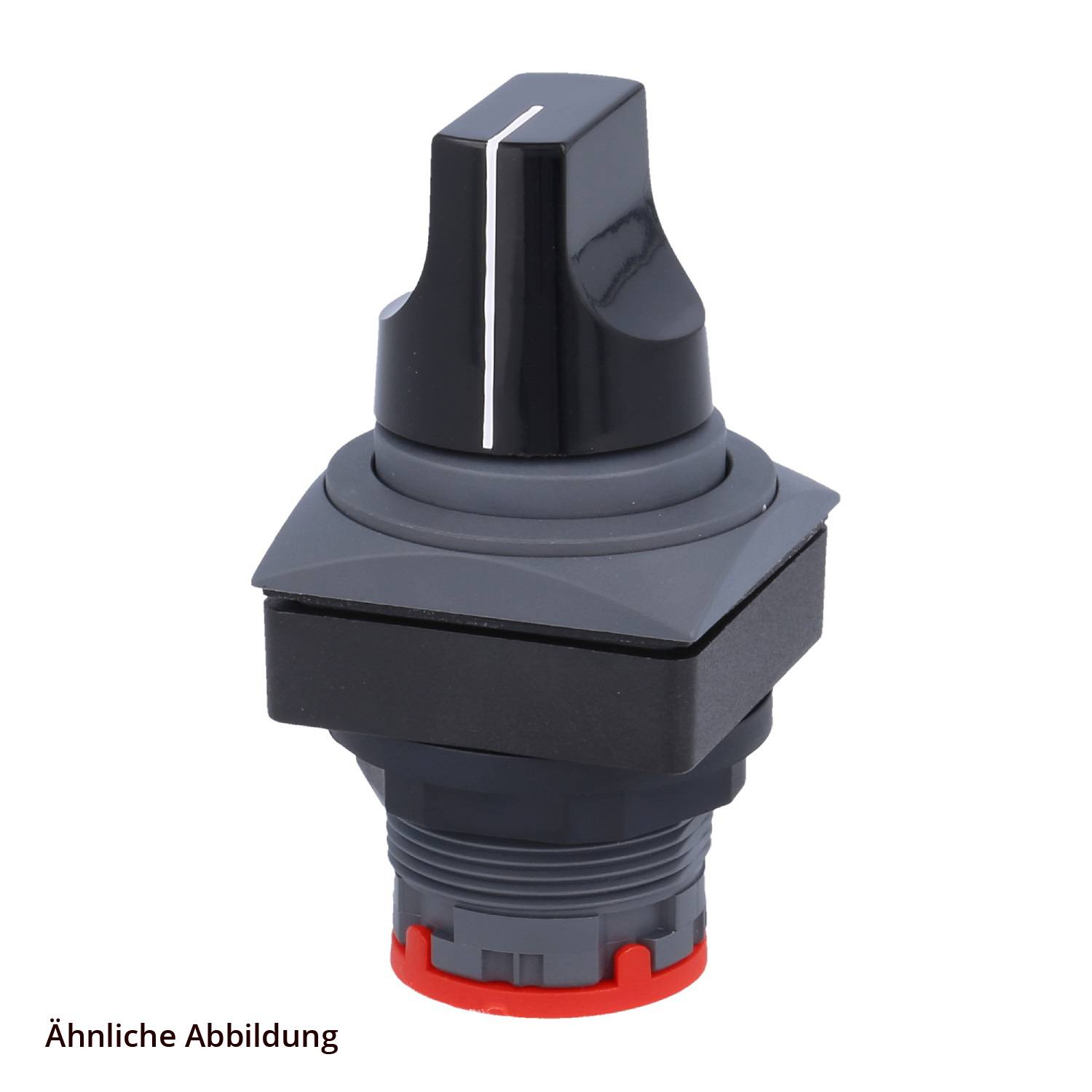 Ein schwarzer Drehschalter mit einem weißen Streifen, montiert auf einer grauen Basis mit einem roten Ring. Der Text besagt „Ähnliche Abbildung