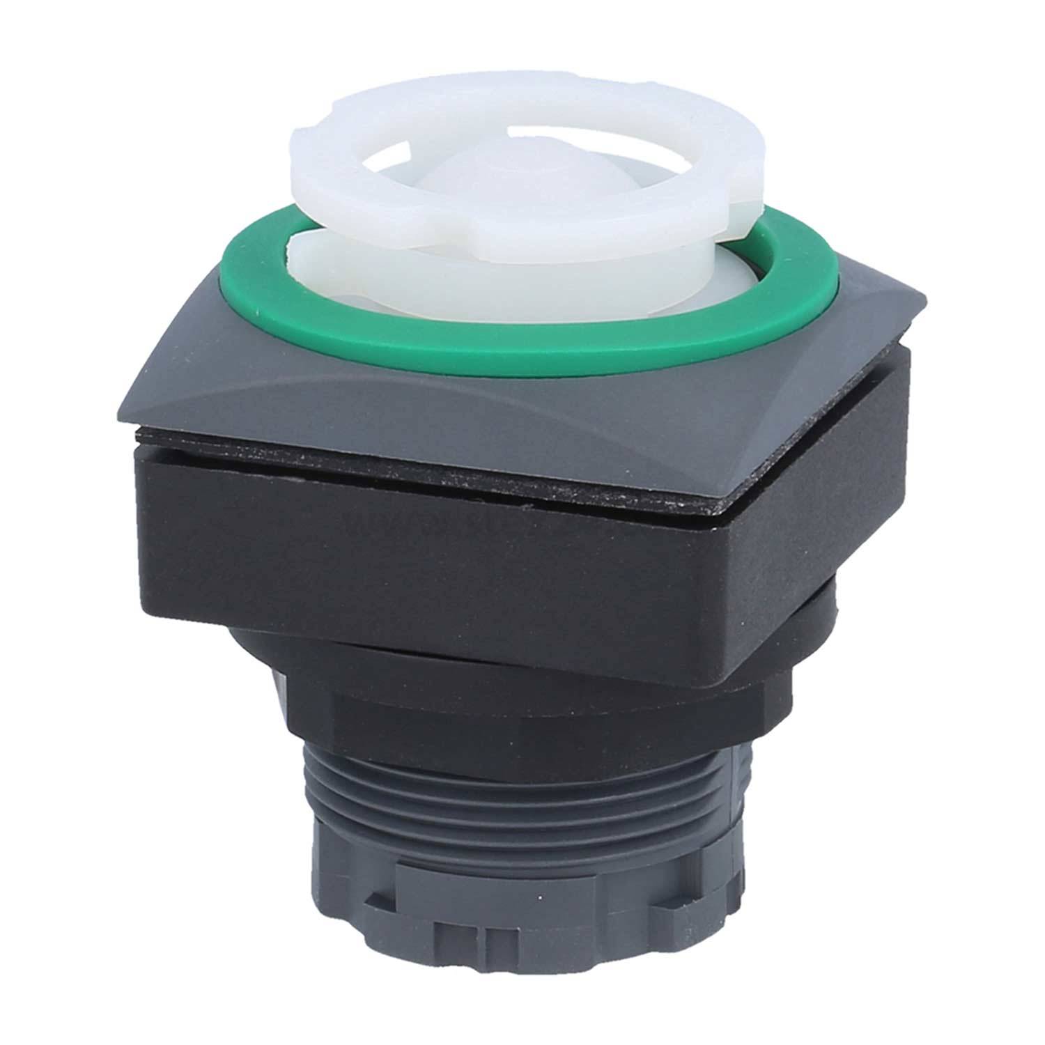 Ein schwarzer und grauer Drucktastenschalter mit einem weißen kreisförmigen Symbol auf der Oberfläche, der häufig in industriellen Steuerungspanels verwendet wird.