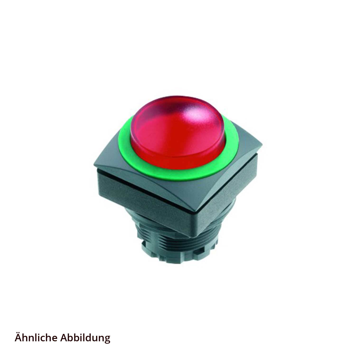 Roter Druckknopf mit einem grünen Kragen auf einer schwarzen quadratischen Basis, verwendet zum Aktivieren oder Stoppen von Geräten.