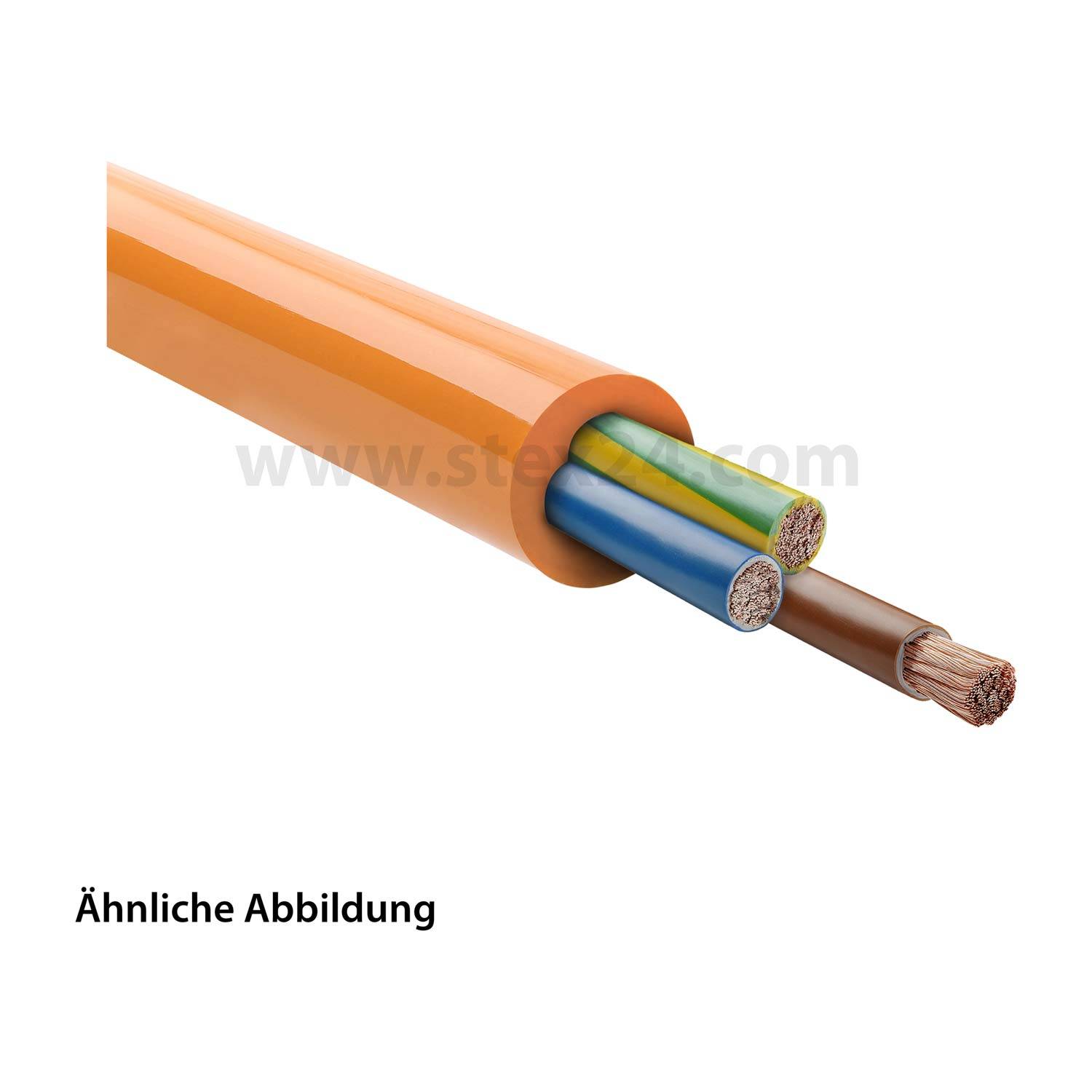 Ein Querschnittsbild eines elektrischen Kabels mit vier farblich gekennzeichneten Drähten, die im Inneren sichtbar sind, wobei jeder Draht Kupferleiter aufweist.