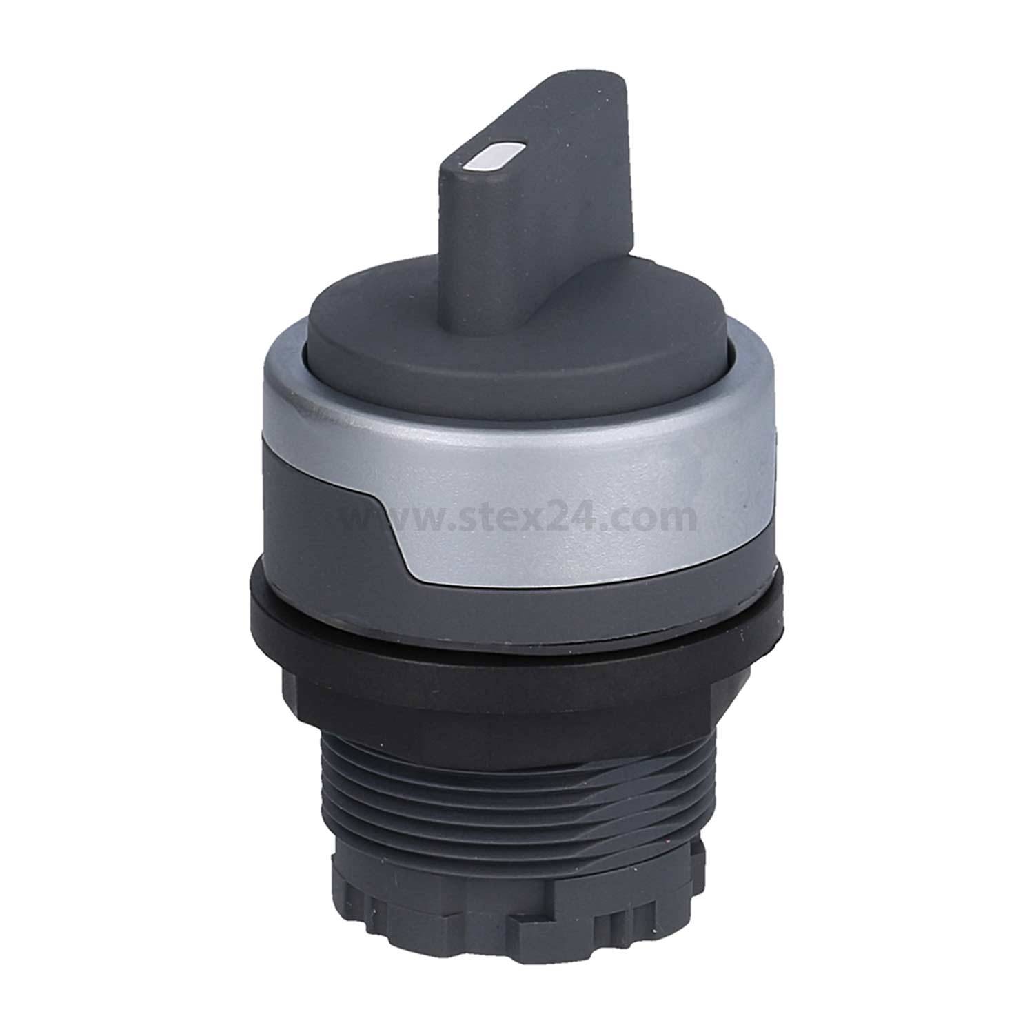 Ein grauer Drehschalter mit schwarzer Basis, verwendet zur Steuerung elektrischer Geräte, mit einem Knopf zur Einstellung von Anpassungen.