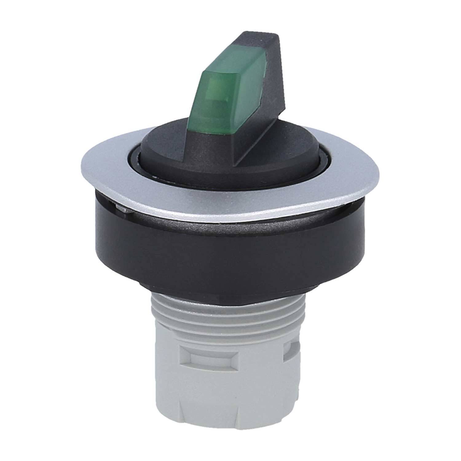 Ein schwarzer und silberner Kippschalter mit einer grünen Anzeige, montiert auf einer grauen zylindrischen Basis, für den industriellen Einsatz konzipiert.