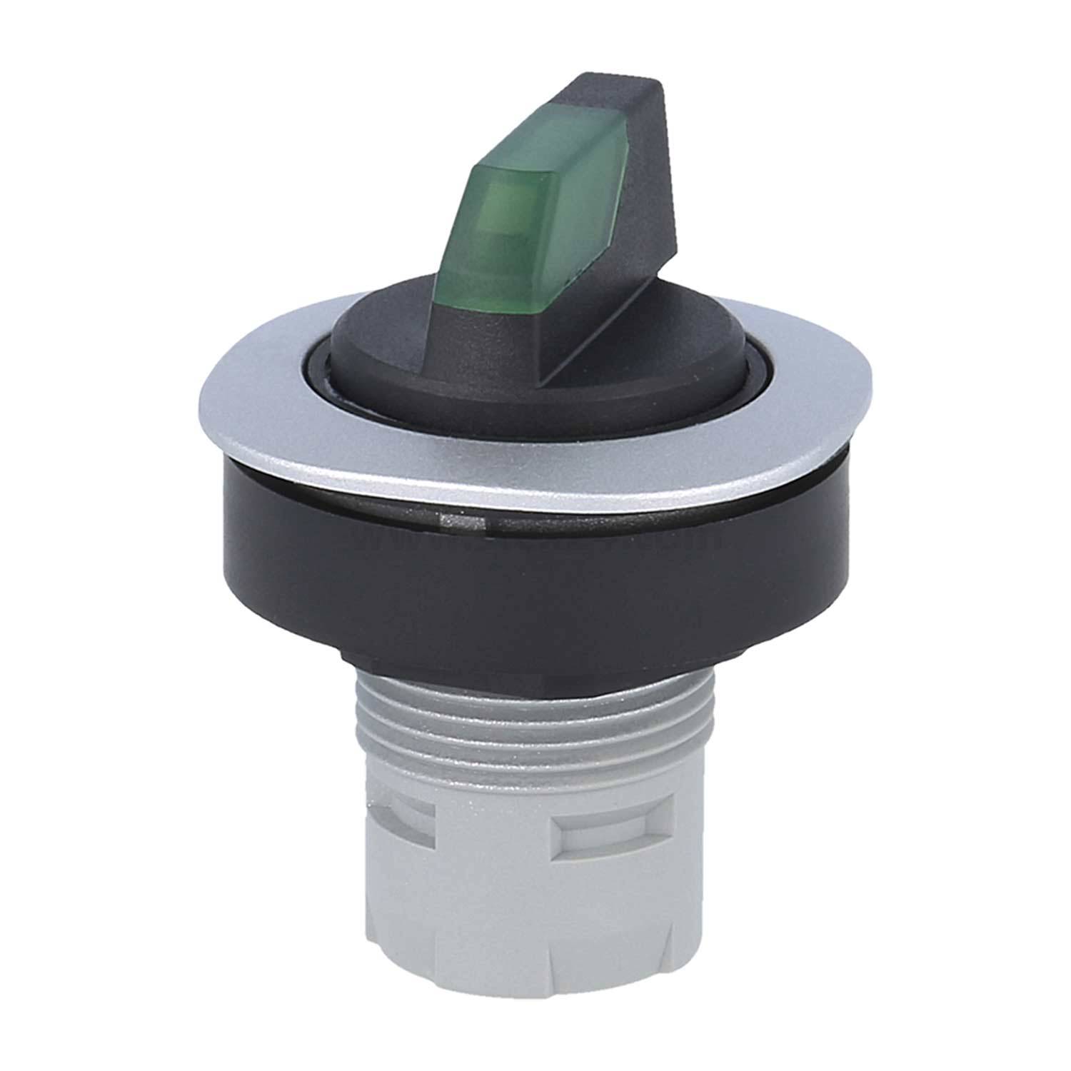 Ein schwarzer Drucktaster mit grüner Kontrollleuchte, montiert auf einer verschraubten silbernen Basis für Paneeleinbau.