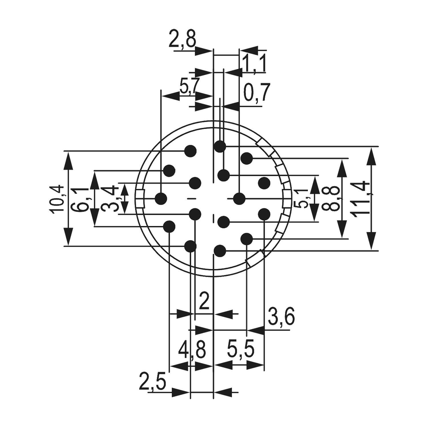 Kreisförmiges Anschlusspin-Layout-Diagramm mit Maßen in Millimetern, das die Positionen und Abstände der Pins sowie die Abmessungen des Anschlusseinsatzes zeigt.