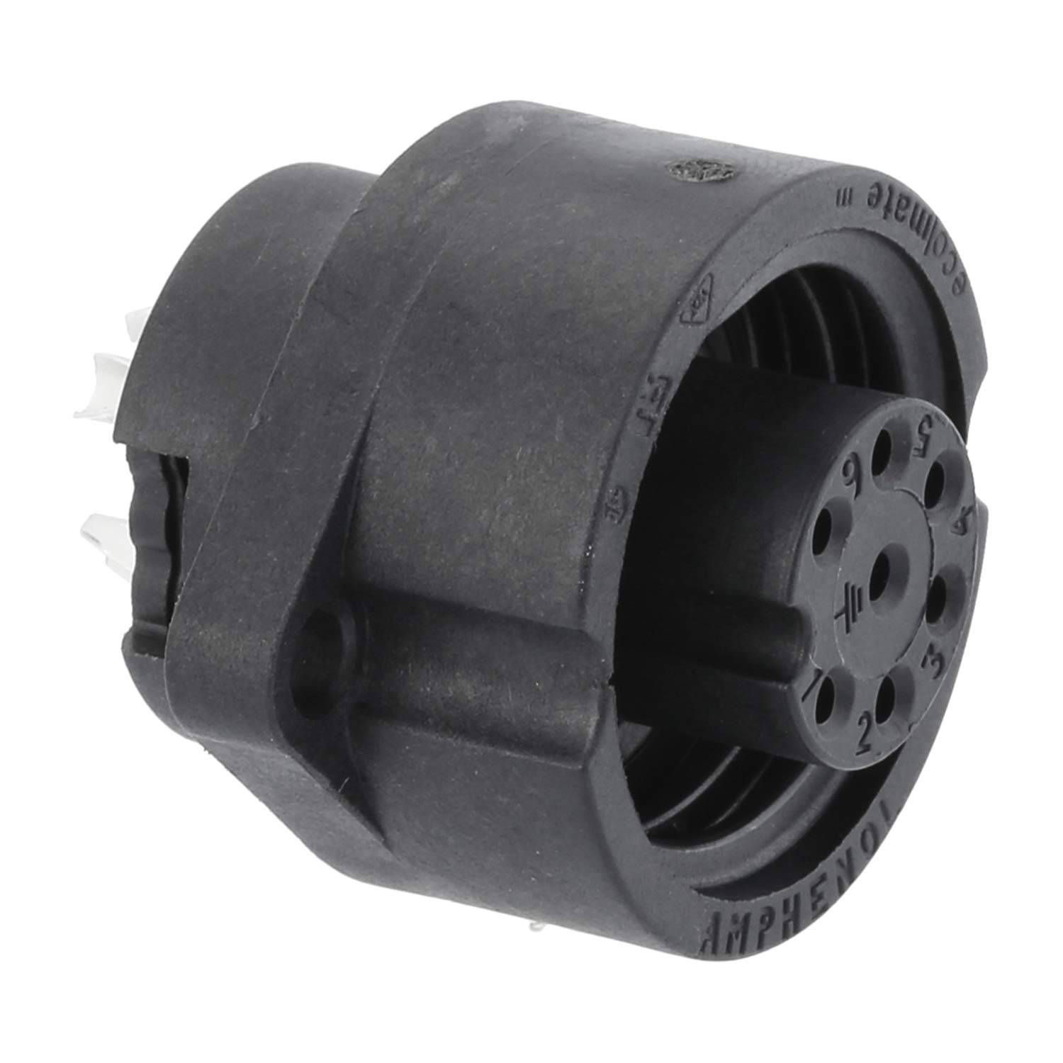 Ein runder, schwarzer elektrischer Steckverbinder mit mehreren Pins, von einem Winkel aus betrachtet. Er wird verwendet, um elektronische Komponenten sicher zu verbinden.