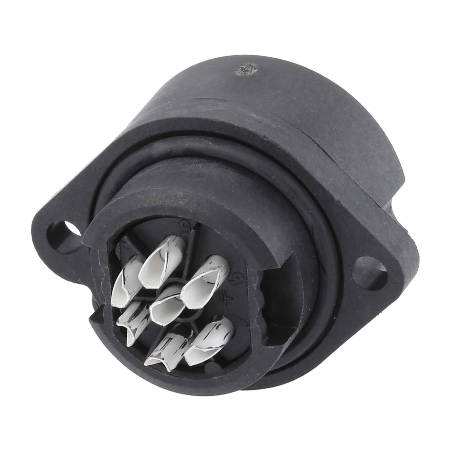 Ein schwarzer, runder Mehrpin-Elektrostecker mit sieben sichtbaren Pins, der für eine sichere Befestigung in elektronischen Geräten konzipiert ist.