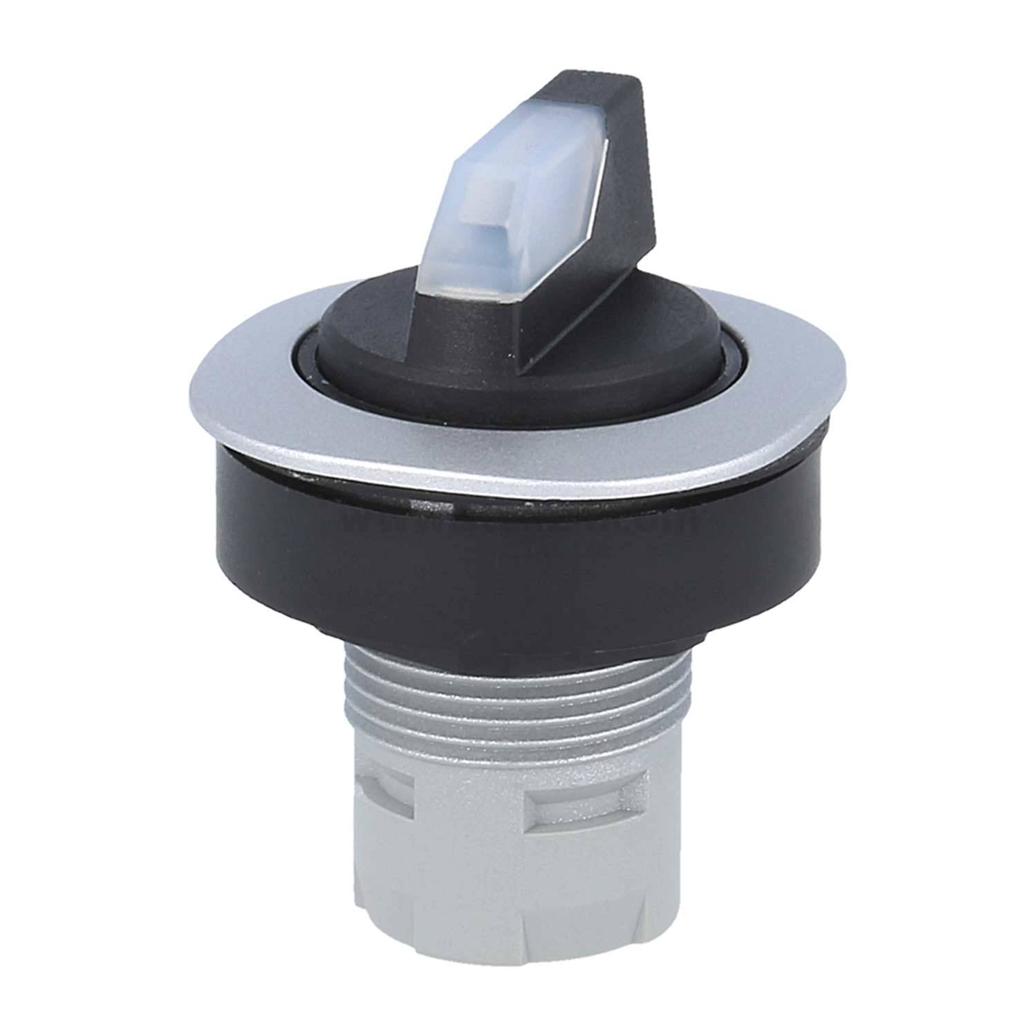 Ein Drehschalter mit einem grauen Knopf und Sockel, versehen mit einem schwarzen Rand und einer Kontrollleuchte oben, der in elektronischen Kontrollpanels verwendet wird.