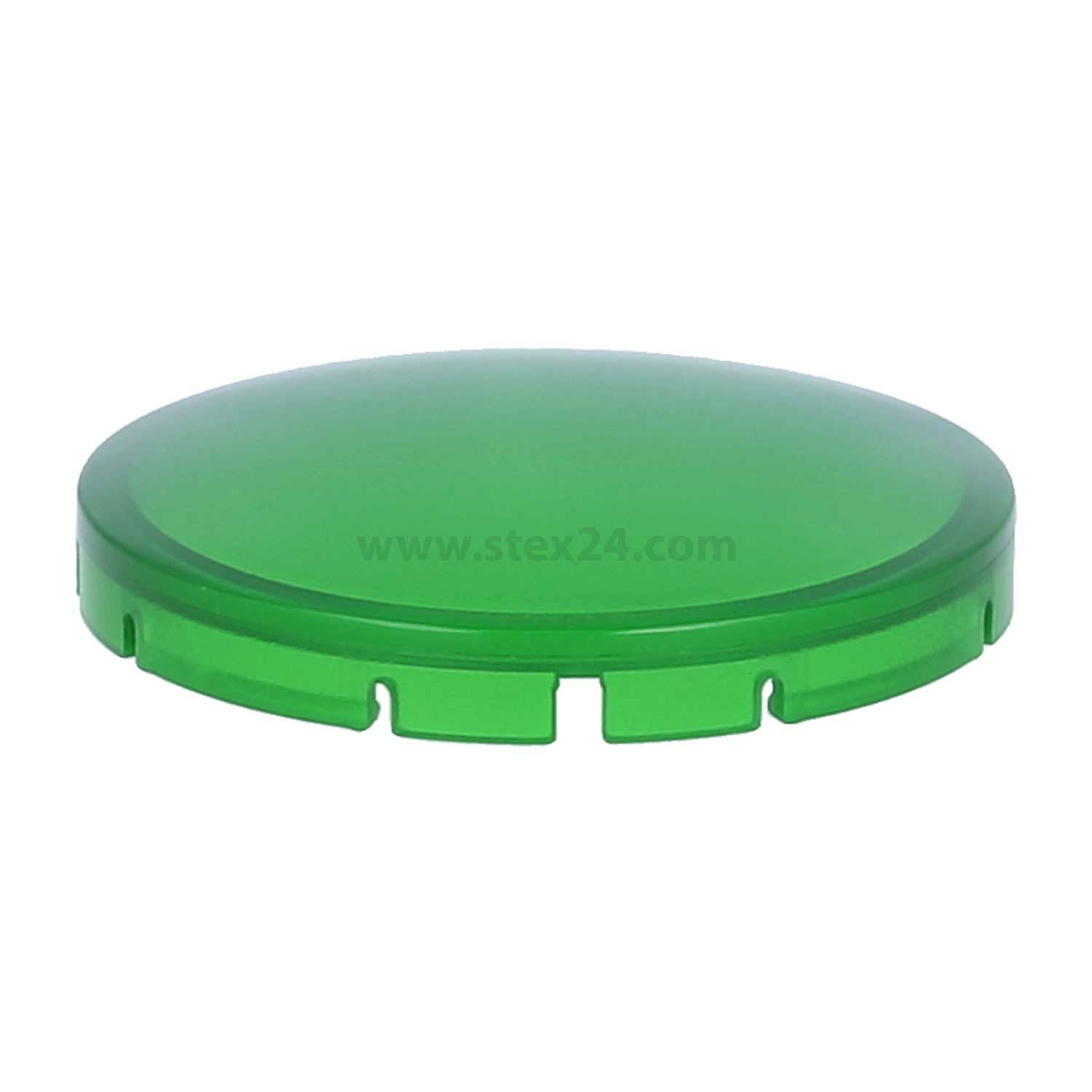 Ein grüner, runder, Plastikdeckel mit kleinen Kerben am Rand und einer glatten Oberfläche. Text „stex24.com