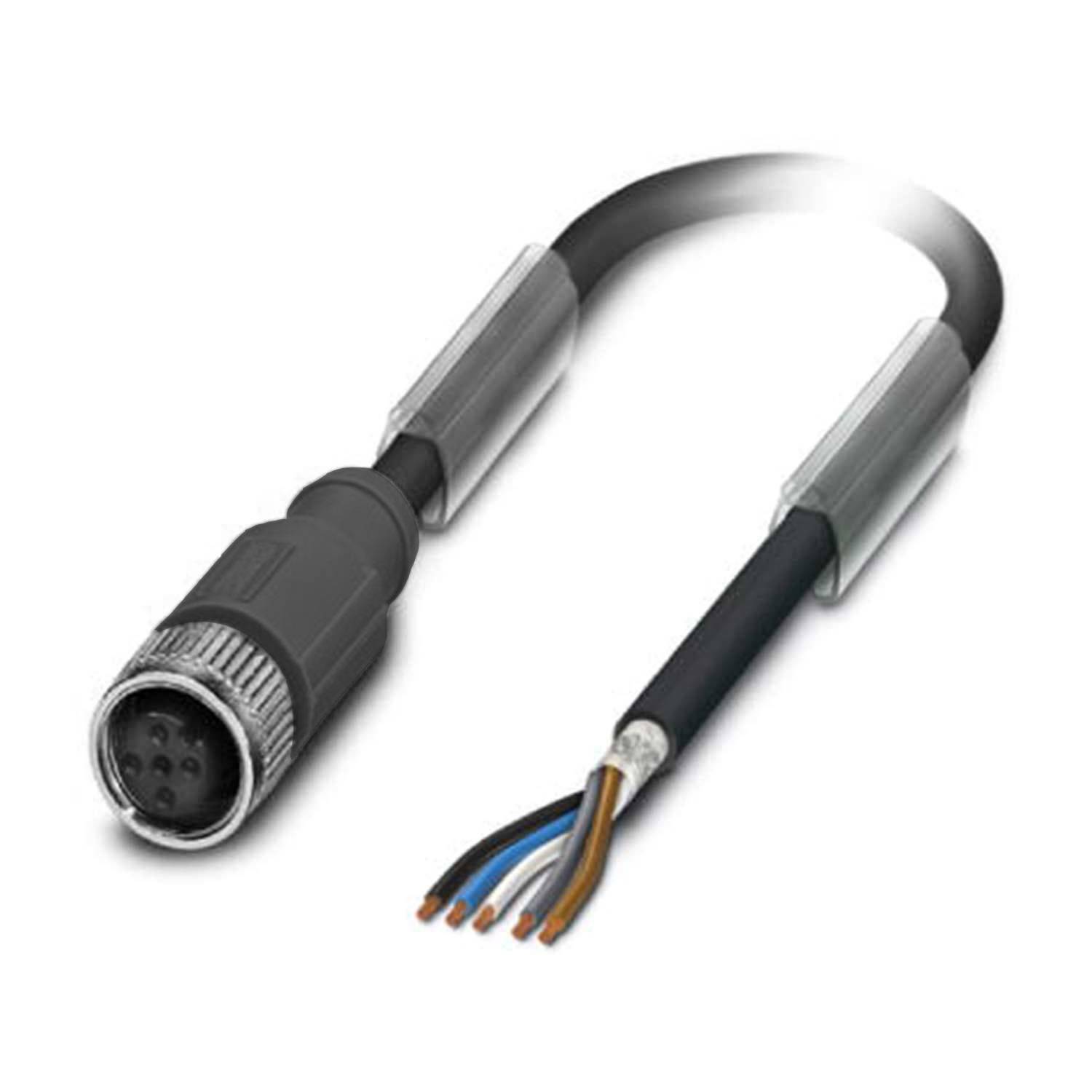 Ein Netzkabel mit einem Stecker an einem Ende und freiliegenden Drähten am anderen Ende, die einzelne farbige Leitungen für elektrische Anschlüsse zeigt.