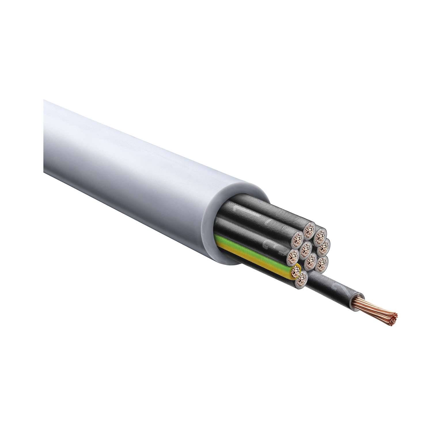 Eine Nahaufnahme eines mehraderigen Elektrokabels, das mehrere freiliegende Drähte zeigt, die zusammen gebündelt sind, mit einem hervorstehenden Kupferdraht.