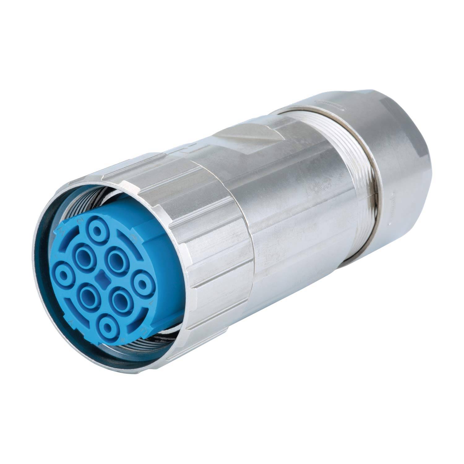 Ein metallischer zylindrischer Verbinder mit einem blauen Mehrlochanschluss, der für elektrische Verbindungen konzipiert ist, aus einer schrägen Perspektive betrachtet.