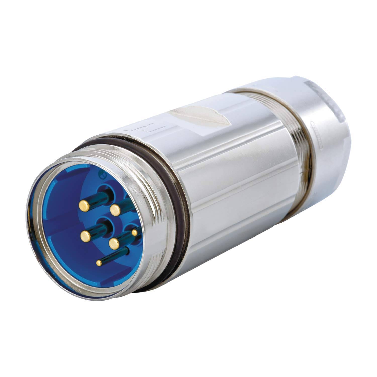 Ein zylindrischer silberner industrieller Verbinder mit mehreren Goldstiften im Inneren eines blauen Gehäuses, konstruiert für sichere elektrische Verbindungen.