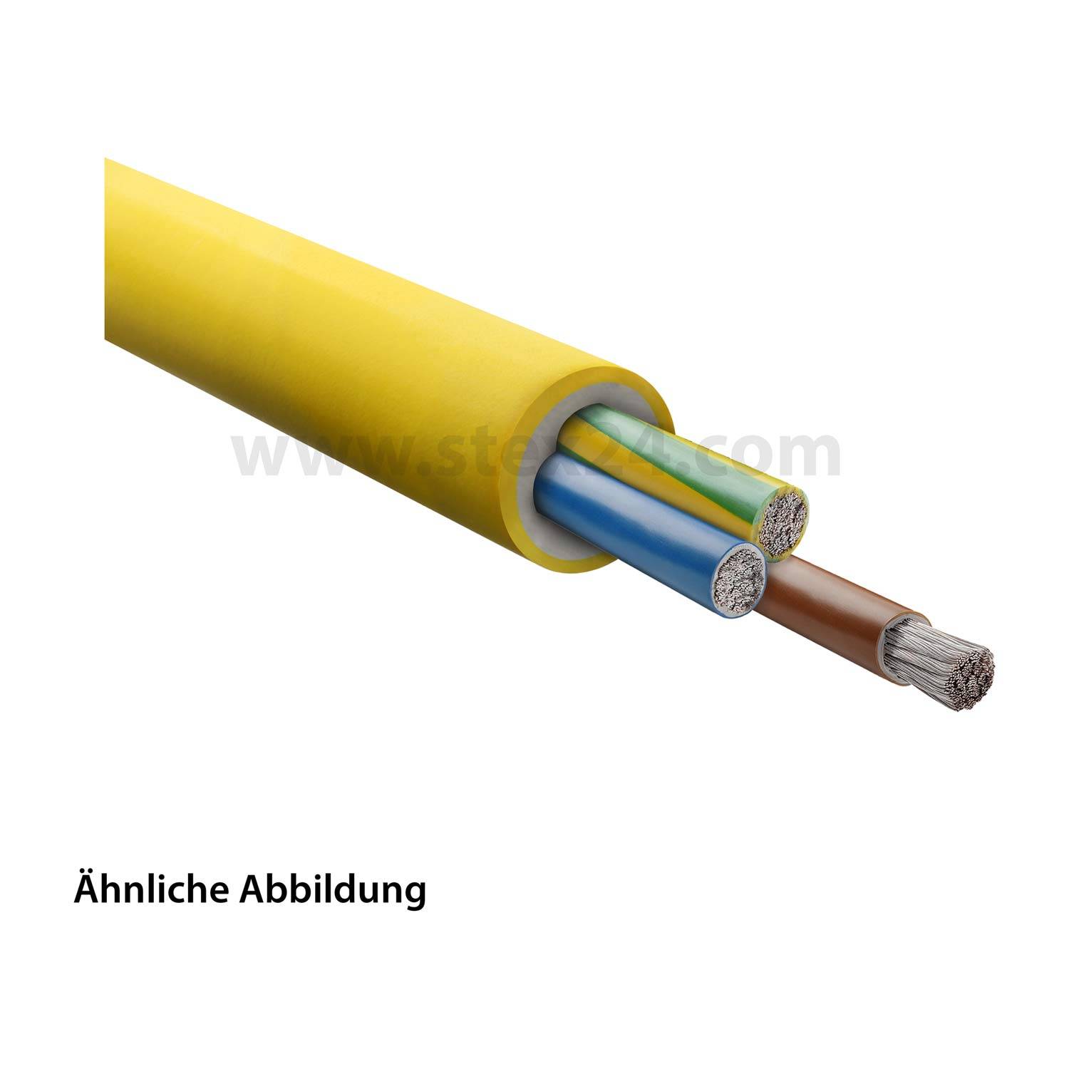 Ähnliche Abbildung: Nahaufnahme eines gelben elektrischen Kabels mit freiliegenden Mehrfarbenleitern, die Kupferleiter zeigt.
