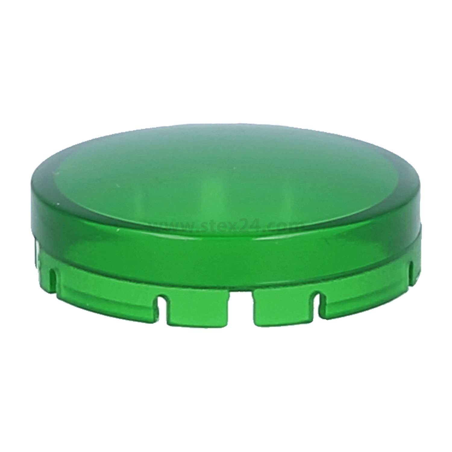 Ein grüner, runder Plastikdeckel mit gleichmäßig verteilten Kerben am Rand, von oben gesehen.