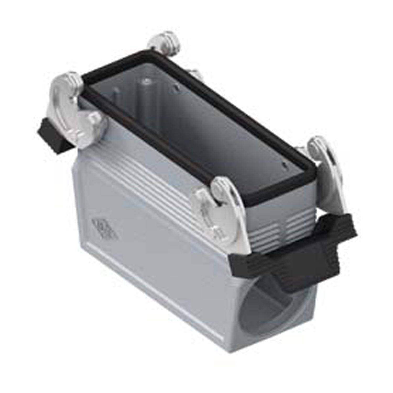 Rechteckiges Metallgehäuse für industrielle Verbinder mit Verriegelungshaken und einer schwarzen Gummidichtung entlang der oberen Kante.