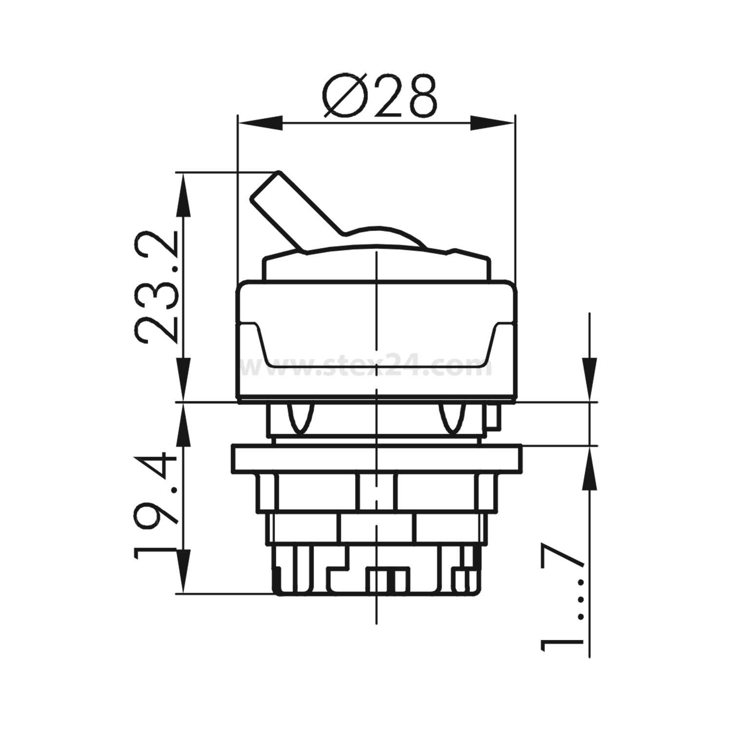 Technische Zeichnung eines Tastschalters, beschriftet mit Maßen: 28 mm Durchmesser, 23,2 mm Höhe, 19,4 mm und 1,7 mm hohe Segmente.