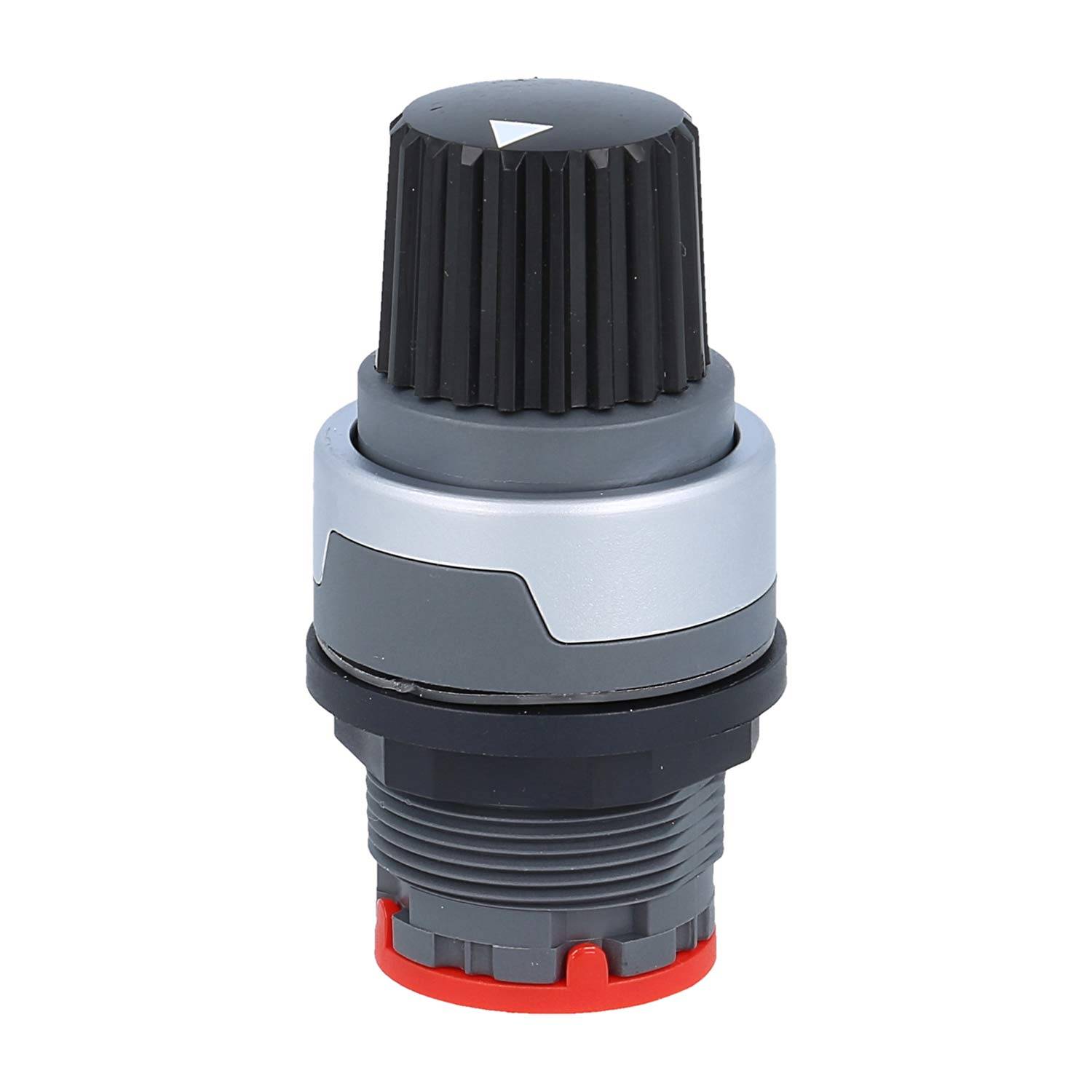 Ein schwarzer und silberner industrieller Stellknopf mit gerippter Textur und roter Basis, der zur Einstellung von Geräten oder Maschinen verwendet wird.