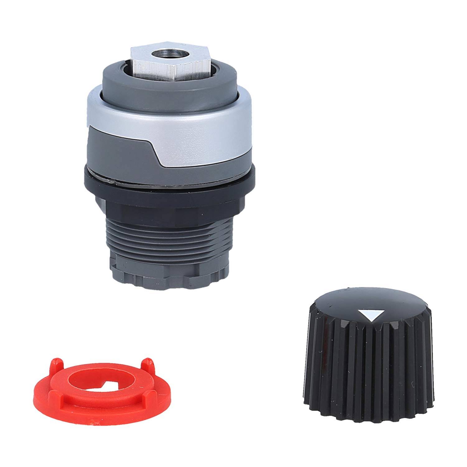 Ein Drucktastenschalter mit einer grauen zylindrischen Basis, einem roten kreisförmigen Verriegelungsring und einer schwarzen gerippten Kappe mit einem weißen dreieckigen Indikator.