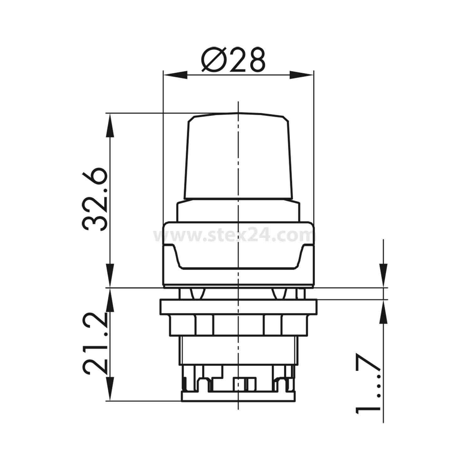 Technische Zeichnung eines Drucktasters mit Maßen: Durchmesser 28 mm, Höhe 32,6 mm, Basishöhe 21,2 mm, Tiefenbereich 1 bis 7 mm.