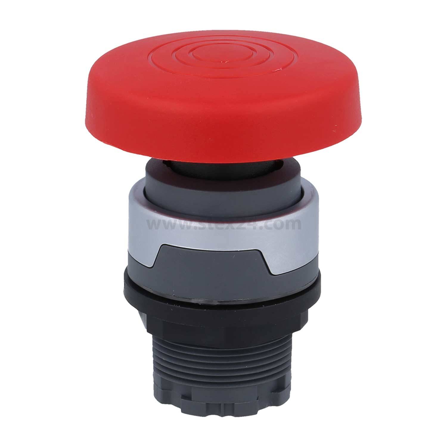 Roter Notaus-Druckknopf mit einer kreisförmigen Oberseite und zylindrischem Sockel, der für Sicherheitszwecke und zum sofortigen Anhalten von Maschinenabläufen in Notfallsituationen verwendet wird.