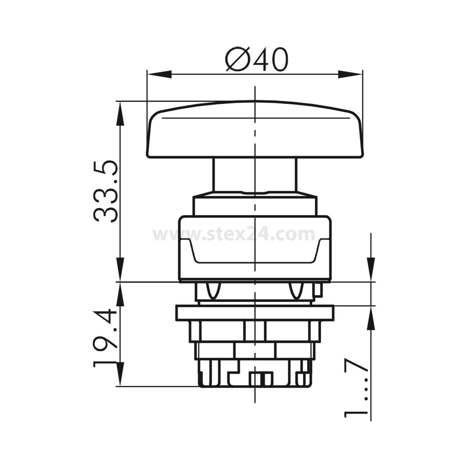 Technische Zeichnung eines Druckknopfs mit einem Durchmesser von 40 mm, einer Höhe von 33,5 mm und zusätzlichen Bauteilabmessungen von 19,4 mm und 1,7 mm.