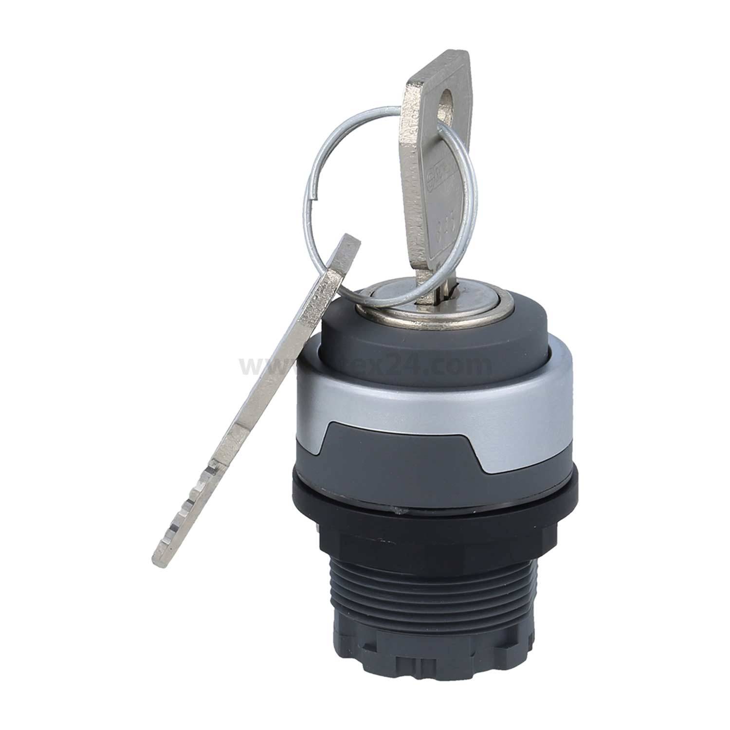 Ein Metallschlüssel, der in einen zylindrischen Schlossschalter eingeführt wird, mit einer Plastikbasis und Metallkomponenten, der üblicherweise für Sicherheitssysteme verwendet wird.