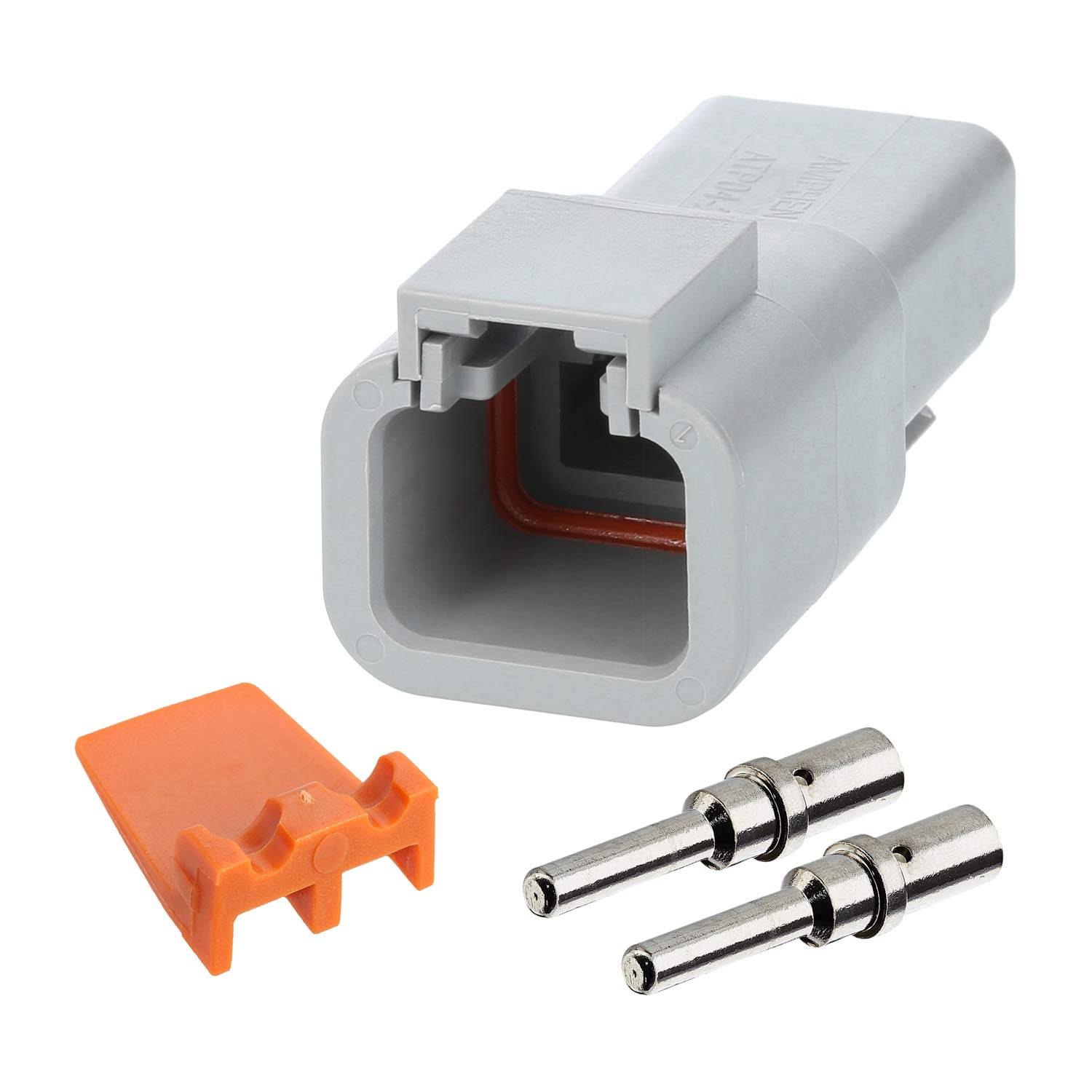 Ein grauer rechteckiger elektrischer Anschluss mit zwei Metallstiften und einem orangefarbenen Clip, der für sichere elektrische Verbindungen verwendet wird.