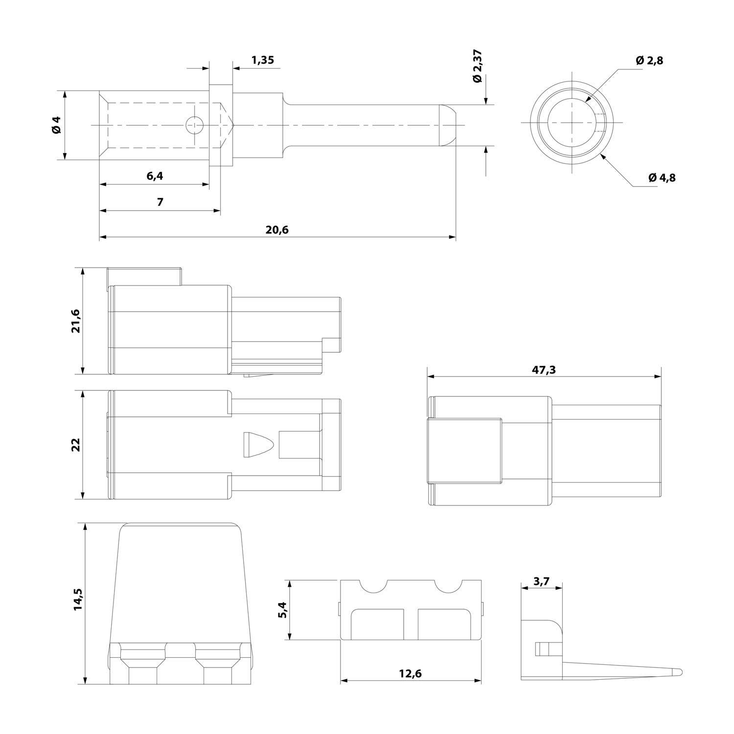 Technische Zeichnung einer mechanischen Komponente mit mehreren Ansichten und in Millimetern beschrifteten Abmessungen, die präzise Maße darstellt.